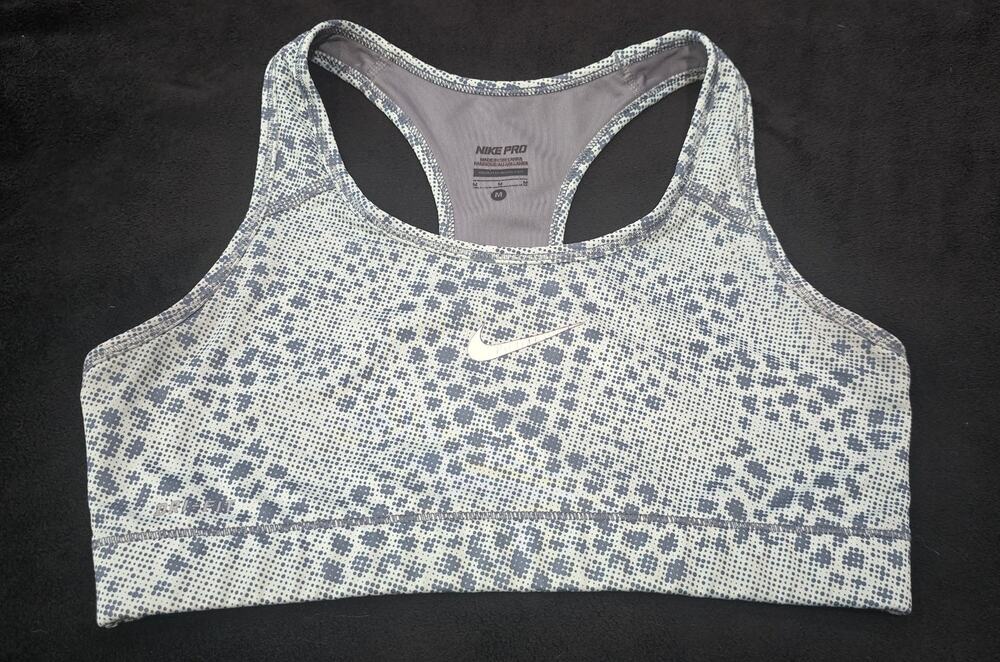 Nike Pro Gray Pixel Razor Back Fitness Sports Bra Swoosh Logo Gym Top
